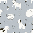 Farm animals pattern, print in Scandinavian doodle style. Black and white seamless background, countryside livestock, country nature texture with cow, goat, sheep and dog. Flat vector illustration
