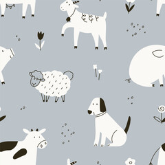 Wall Mural - Farm animals pattern, print in Scandinavian doodle style. Black and white seamless background, countryside livestock, country nature texture with cow, goat, sheep and dog. Flat vector illustration