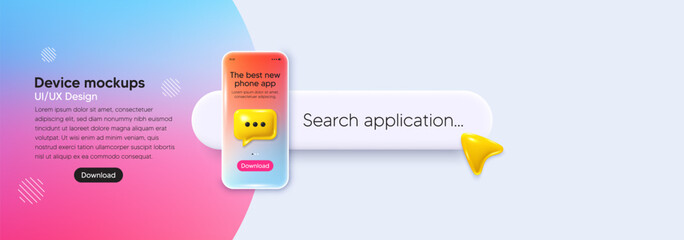 Mobile phone ui banner. Search bar app interface template. Phone mockup with 3d chat speech bubble background for web. Download phone application. Search bar for app with pointer. Gradient vector