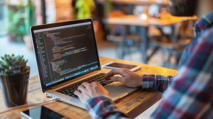 Web developer working from home studio. Programmer at work programming on the computer with code on screen