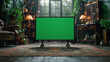 close frontal photo of a screen display a green screen , generative ai