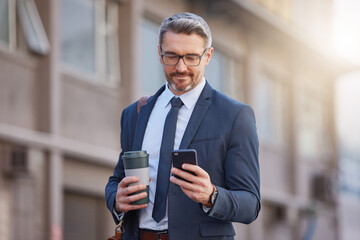 Canvas Print - City, coffee and phone with business man outdoor for morning commute to work in corporate suit. App, contact or social media with mature employee reading text message in urban town for communication