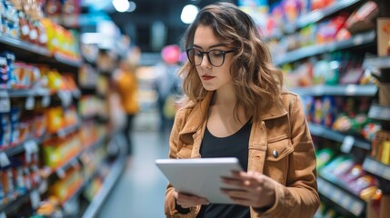 Wall Mural - A woman is shopping in a store and looking at a tablet