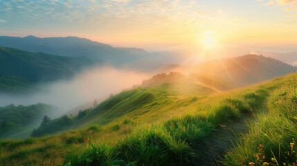 Wall Mural - Beautiful colorful sunrise in mountains with green grass and path on mountain slope in misty valley