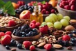 'selection healthy food various fruits assorted berries nuts seeds nourishment fresh organic nutrient breakfast fruit antioxidant bowl super diet ingredient berry seed detox table different'