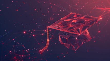 Graduation cap map from futuristic polygonal red lines and glowing stars for banner, poster, greeting card. AI generated