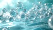 3D illustration of a molecule inside a liquid bubble on a DNA water splash background, representing the concept of cosmetic science and skincare technology.
