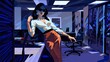 Businesswoman in glasses standing in office. Corporate business people concept in dark blue pallet. AI generated illustration in pop art style.