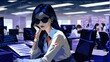 Businesswoman in glasses sitting in office. Corporate business people concept in dark blue pallet. AI generated illustration in pop art style.