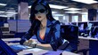Businesswoman in glasses sitting in office. Corporate business people concept in dark blue pallet. AI generated illustration in pop art style.