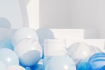 Fototapete - Abstract summer scene for product display with white and blue glossy balloons in the pool. 3d rendering.