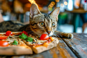 Sticker - Cat is laying on table next to two slices of pizza with tomatoes and basil on them.