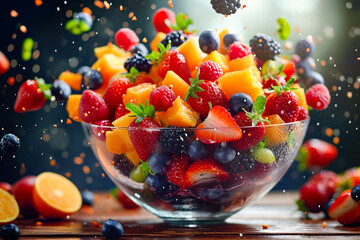 Sticker - Fruit salad in glass bowl with strawberries oranges and blueberries.