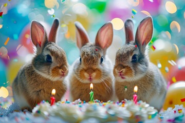 Poster - Three rabbits are standing in front of birthday cake with lit candles on it.