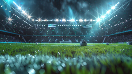 Wall Mural - 3D Rendering of soccer sport stadium, green grass during night match, Ai