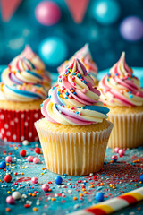 Wall Mural - Cupcakes with white frosting and colored sprinkles on top in front of blue background.