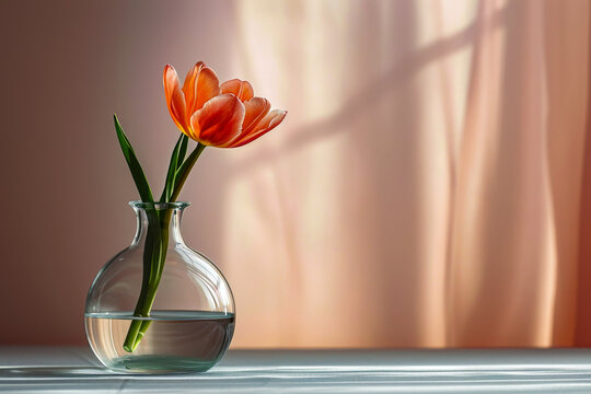 Single orange flower sits in clear glass vase filled with water placed on table near window.