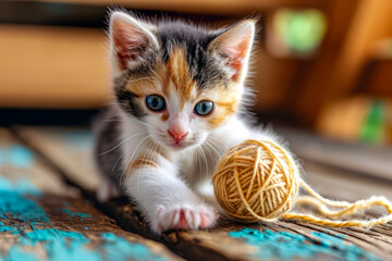 Canvas Print - Kitten playing with ball of yarn on table.