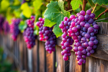 Sticker - Purple grapes hanging on fence in orchard.