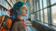 Expressive Personality: Casual Teenager with Bright Blue Hair in Library