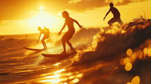 To Young Surfers Riding The Waves At Sunset, Capturing The Golden Hues Reflecting Off The Water, The Adrenaline Rush Evident In Their Body Language