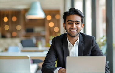 a young indian businessman working on laptop.