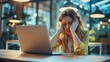 A creative office laptop problem, 404 hack, or data breach can cause business women stress, headaches, and anxiety. Mindset, exhaustion, or pressure from marketing company technology mistakes