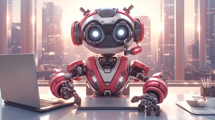 Red robot assistant works on laptop