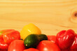 Farm vegetables closeup with plank background for design