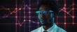 black african scientist in tech glowing neon abstract blockchain neural network connections chart graph background from Generative AI