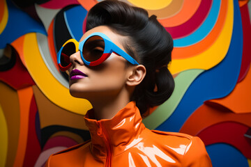 Poster - Woman with colorful jacket and sunglasses on her face.