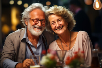 Wall Mural - Man and woman sitting at table smiling for the camera.