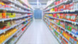 Abstract blur image of supermarket background. Defocused shelves with products. Grocery store. Retail industry. Discount. Inflation and recession concept. Aisle. Consumer packaged goods. CPG. Rack.