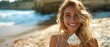 Joyful woman with curly hair strolls along beach enjoying ice cream. Concept Beach photoshoot, Ice cream portraits, Curly hair, Joyful expressions, Outdoor lifestyle