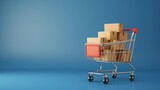 Fototapeta Nowy Jork - Shopping cart with boxes, online shopping idea