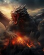A large black dragon with red eyes is standing on a mountain of lava. The dragon has its wings spread and is roaring at the sky.