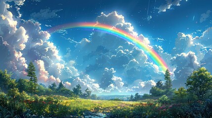 Anime-style illustration of a beautiful rainbow in the blue sky