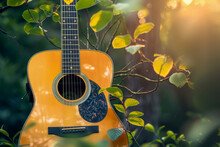 A Guitar Is Sitting In The Shade Of A Tree. The Guitar Is Surrounded By Leaves And Branches, Giving It A Natural And Peaceful Appearance. Concept Of Relaxation And Tranquility