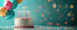 Birthday party with birthday cake, candles, balloons on green background with empty copy space