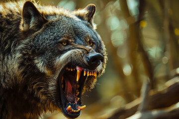 Wall Mural - A wolf with its mouth open and teeth bared. The wolf is angry and ready to attack