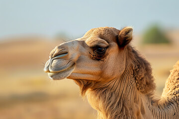 A camel with a big smile on its face. The camel is in a field with a tree in the background