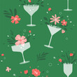 Cocktail party seamless pattern. Flowers in champagne, wine, martini drinking glass. Floral drink, fresh summer juice, spring beverage. Cheer vector illustration. Abstract background, textile design