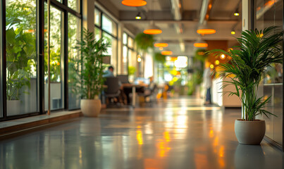 Blurred modern workplace with natural light and green plants