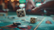 Casino Atmosphere: A Close-up Photo Of A Hand Throwing Dice On A Craps Table
