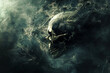 A skull with smoke surrounding it. The skull is surrounded by a dark, ominous atmosphere. The smoke is thick and billowing, giving the impression of a ghostly presence. Scene is eerie and unsettling