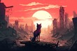 cartoon illustration, a fox in a ruined city with a sunset