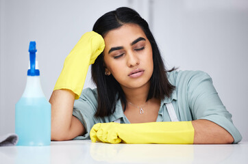 Sticker - Woman, sleeping and tired cleaner with spray bottle for table, kitchen counter or dirty furniture in home. Burnout, exhausted maid and lazy Indian janitor on break with product, liquid soap or gloves