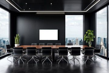 Mockup of blank empty tv screen monitor for text in meeting business conference room in modern contemporary office at dark wall background, no people. Business idea design concept. Copy ad text space