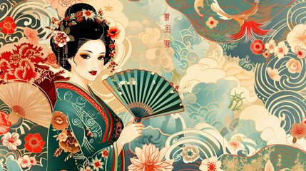 An oriental lady with a fan on a vibrant backdrop featuring a fusion of Chinese and Art Nouveau designs. Artwork.