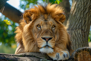 Wall Mural - A lion is laying on a tree branch, looking at the camera. The lion has a long mane and a large, curious expression. The scene is peaceful and serene, with the lion resting in the shade of the tree